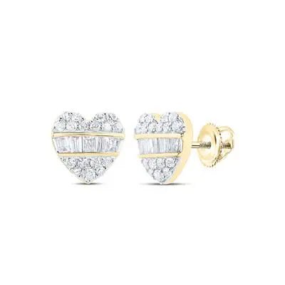 10K Yellow Gold Heart Earrings with 0.37Tw Round an Baguette Diamonds - Miral Jewelry