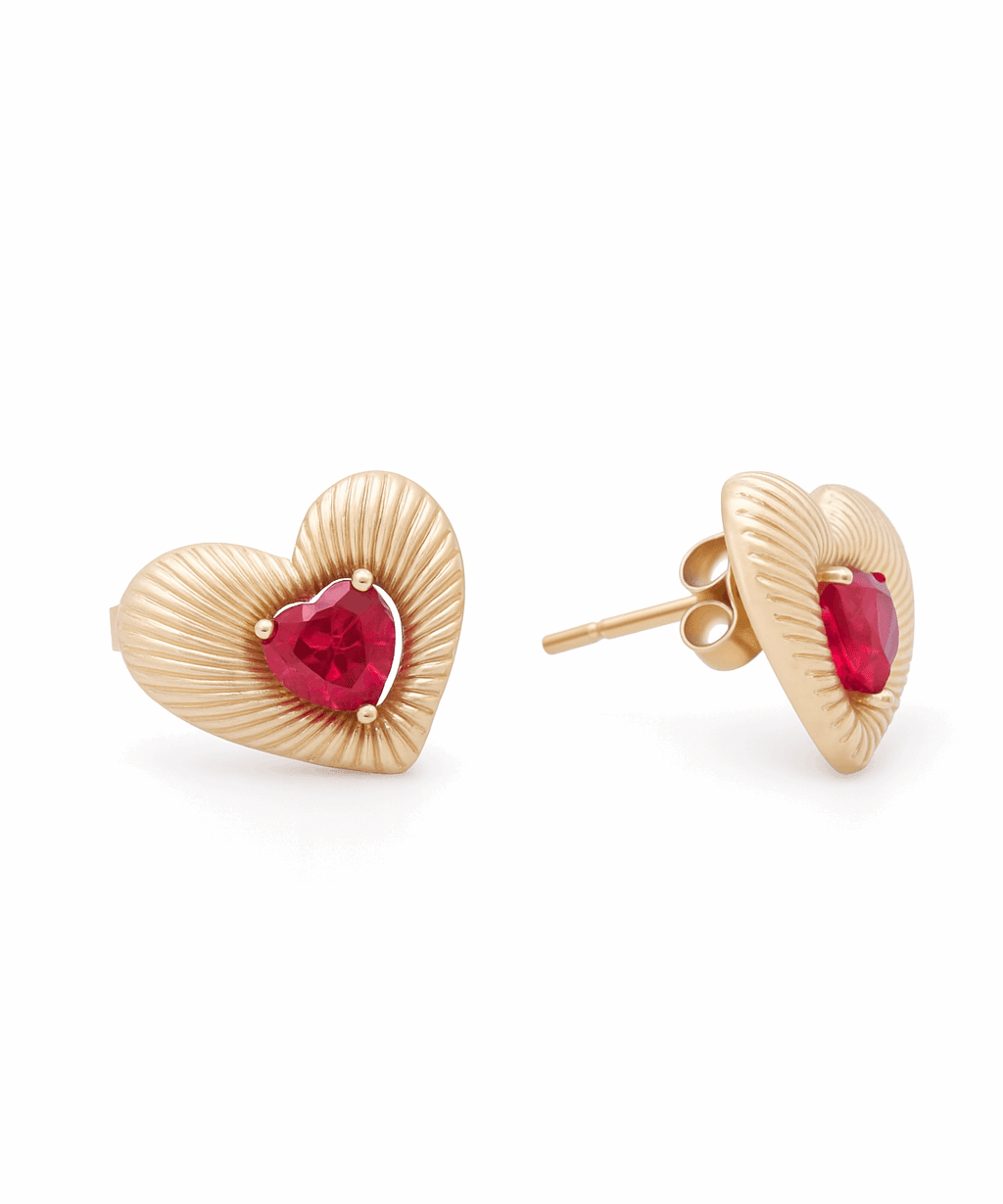 10K Yellow Gold Heart with Red Stone Earrings - Miral Jewelry
