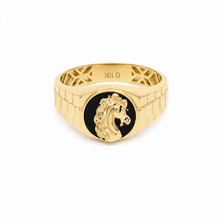 10k Yellow Gold Horse Onyx Fashion Ring Men's - Miral Jewelry