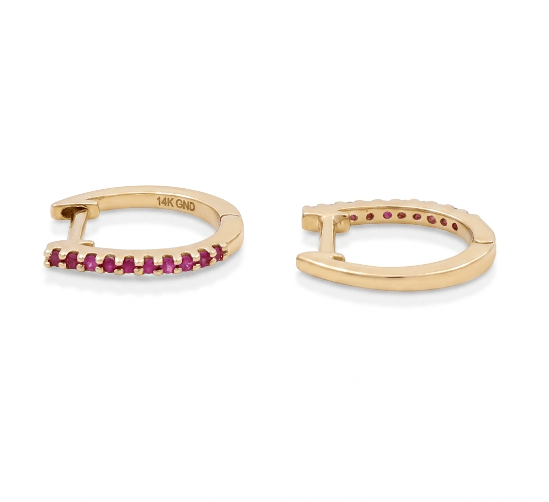 10K Yellow Gold Huggie Earrings with 0.05Tw Round Rubys - Miral Jewelry
