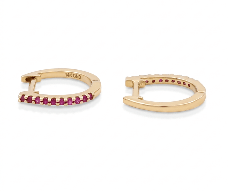 10K Yellow Gold Huggie Earrings with 0.05Tw Round Rubys - Miral Jewelry
