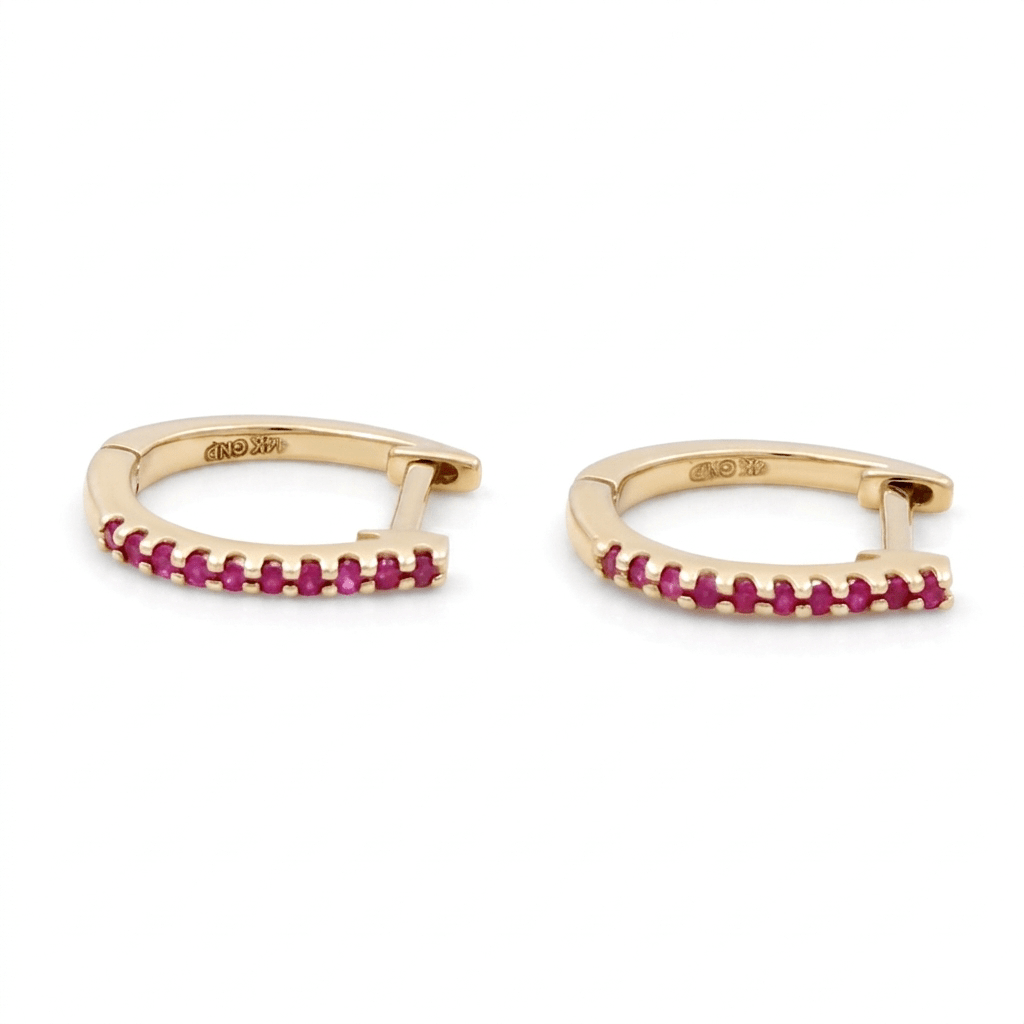 10K Yellow Gold Huggie Earrings with 0.05Tw Round Rubys - Miral Jewelry