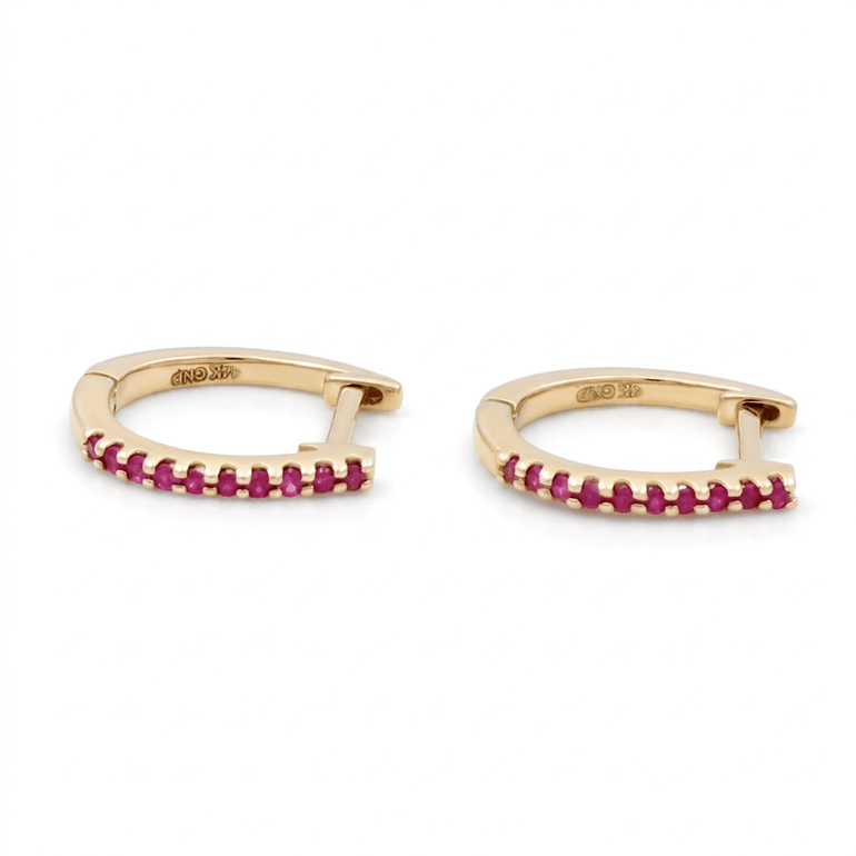 10K Yellow Gold Huggie Earrings with 0.05Tw Round Rubys - Miral Jewelry