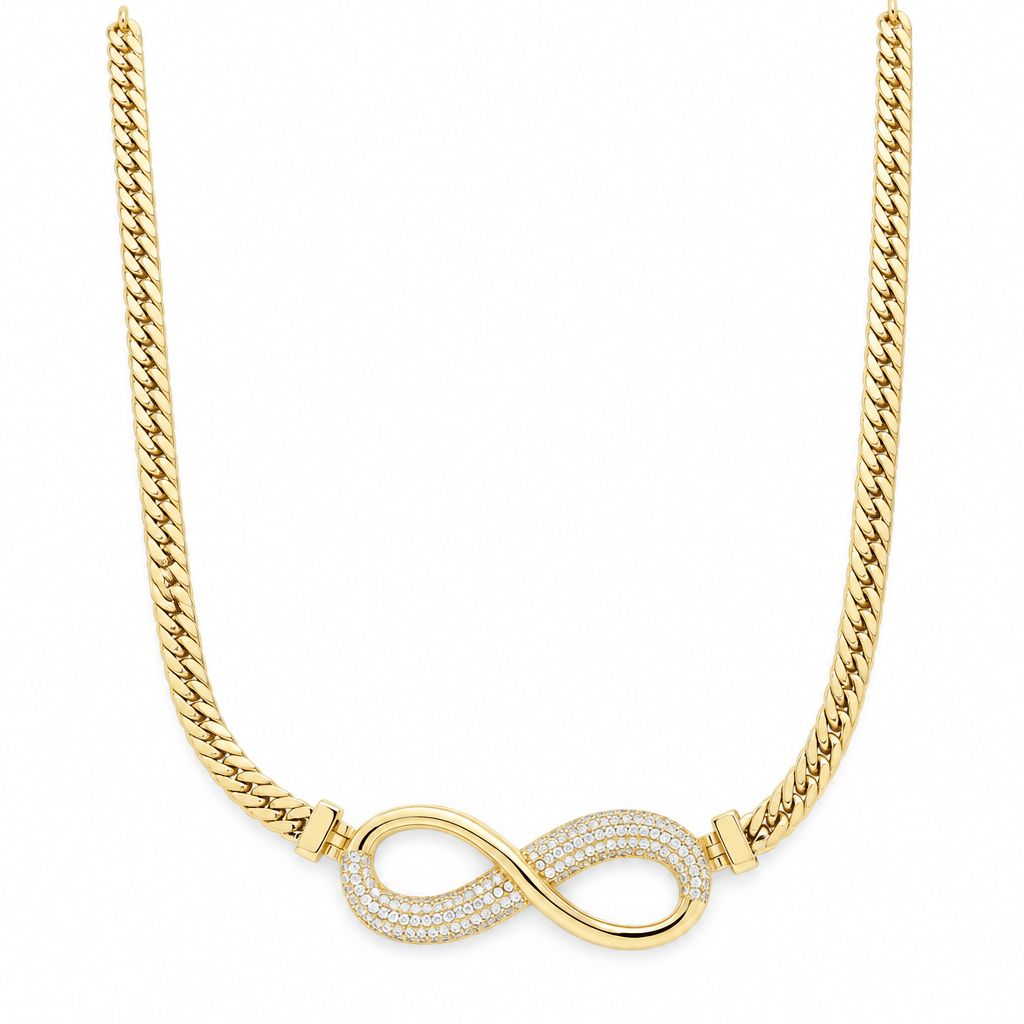 10K Yellow Gold Infinity Necklace with Pavé CZ – 18" - Miral Jewelry