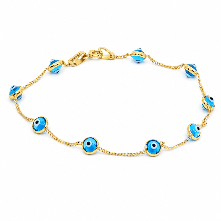 10K Yellow Gold Light Blue Evil Eye Station Bracelet – 7.5" - Miral Jewelry