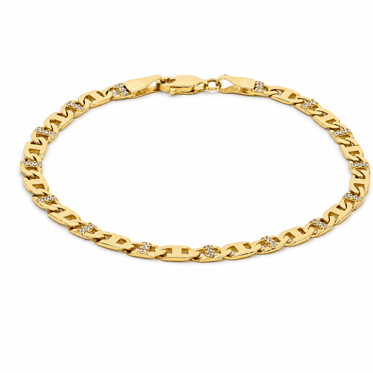 10K Yellow Gold Mariner Link Bracelet with CZ – 7.5" - Miral Jewelry