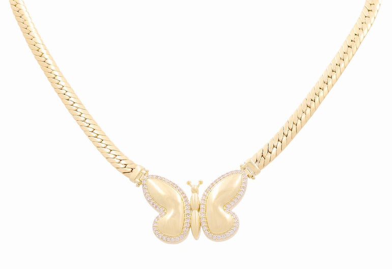 10K Yellow Gold Miami Herrigbone with Butterfly Women's Necklace 17" - Miral Jewelry