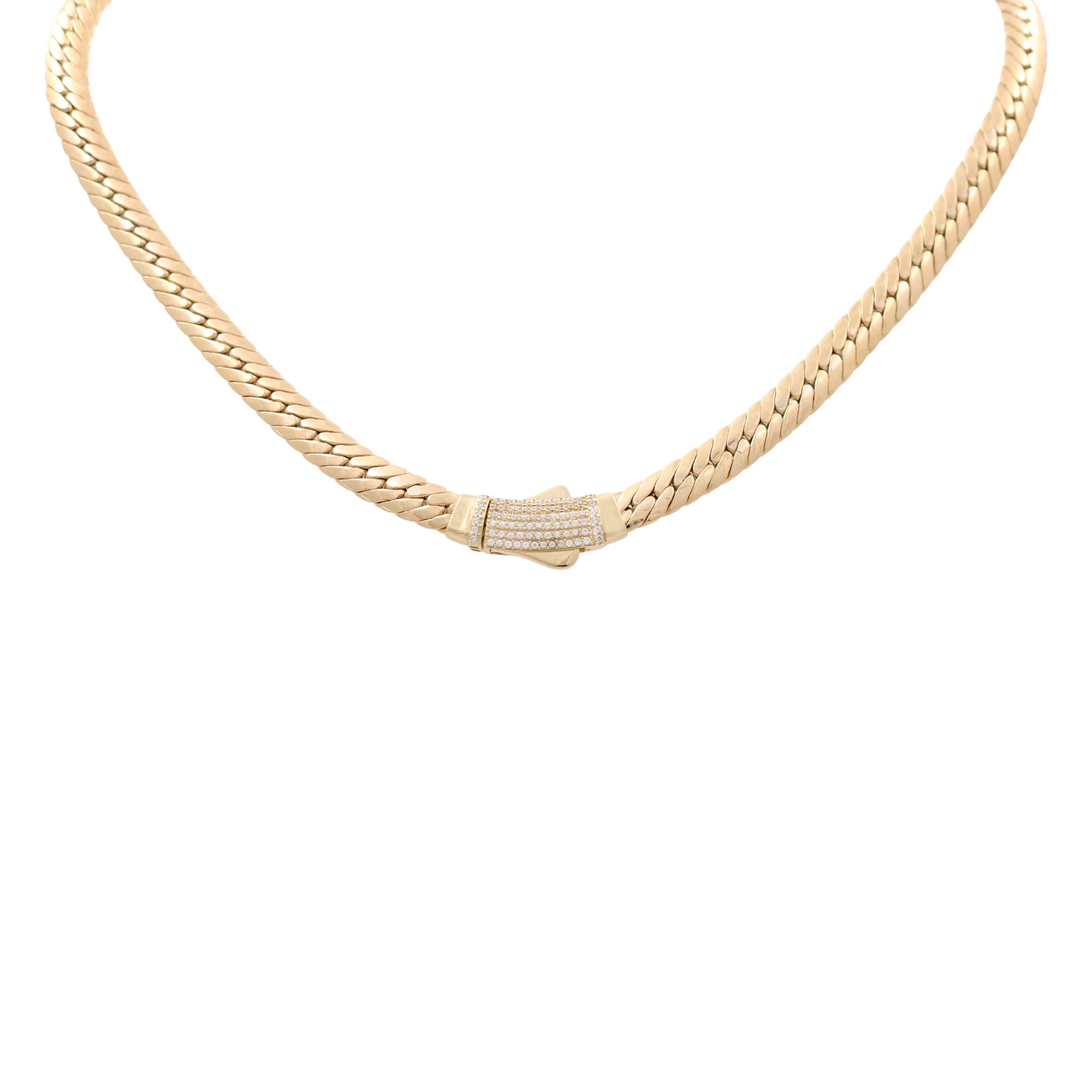 10K Yellow Gold Miami Herrigbone with Clasp CZ Women's Necklace 17" - Miral Jewelry