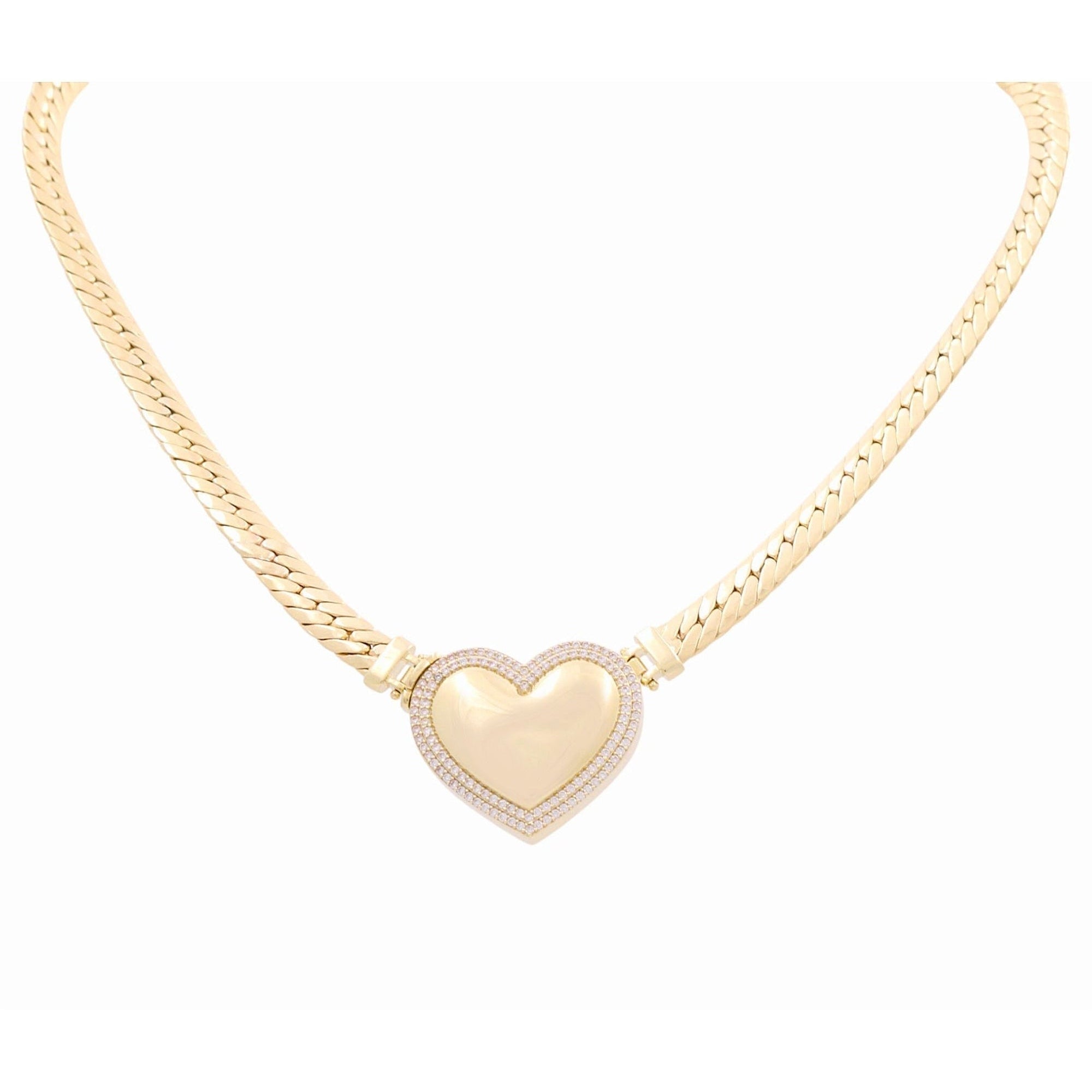 10K Yellow Gold Herringbone Necklace with CZ Heart 17in