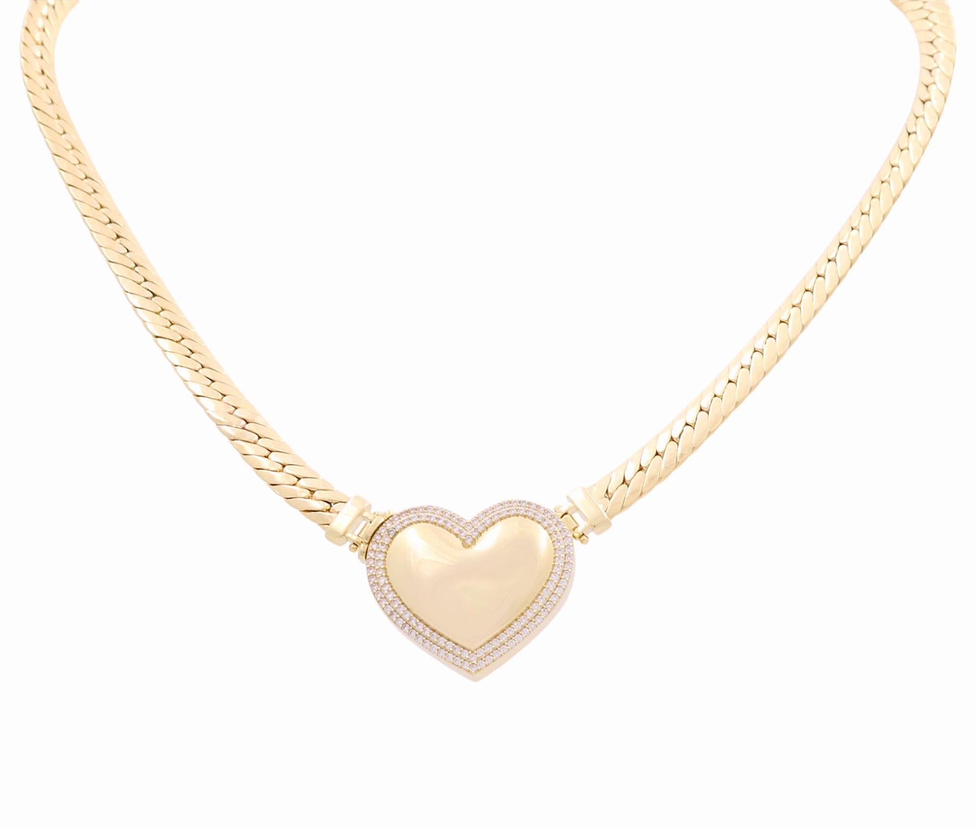 10k Yellow Gold Miami Herrigbone with Heart Necklaces 17" - Miral Jewelry