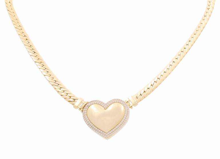 10k Yellow Gold Miami Herrigbone with Heart Necklaces 17" - Miral Jewelry