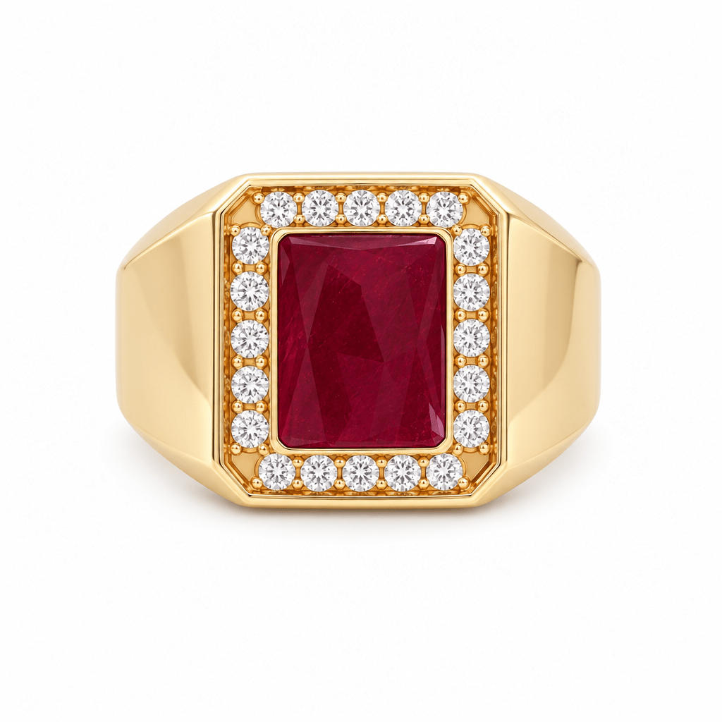 10k Yellow Gold Modern Diamond With 0.65Tw Round Diamond And Emerald Cut Ruby Ring Men's - Miral Jewelry