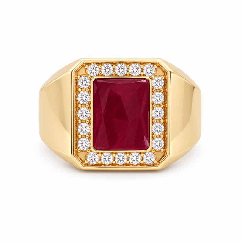 10K Yellow Gold Men's Ruby & Diamond Halo Ring 0.65 ct tw