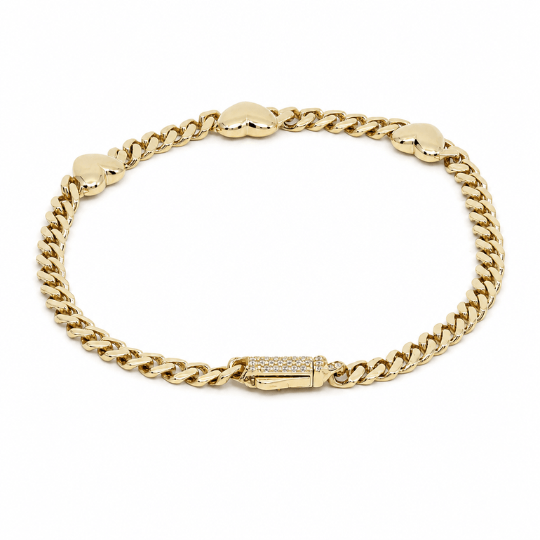 10K Yellow Gold Monaco Heart Station Bracelet – 4mm, 7.5" - Miral Jewelry