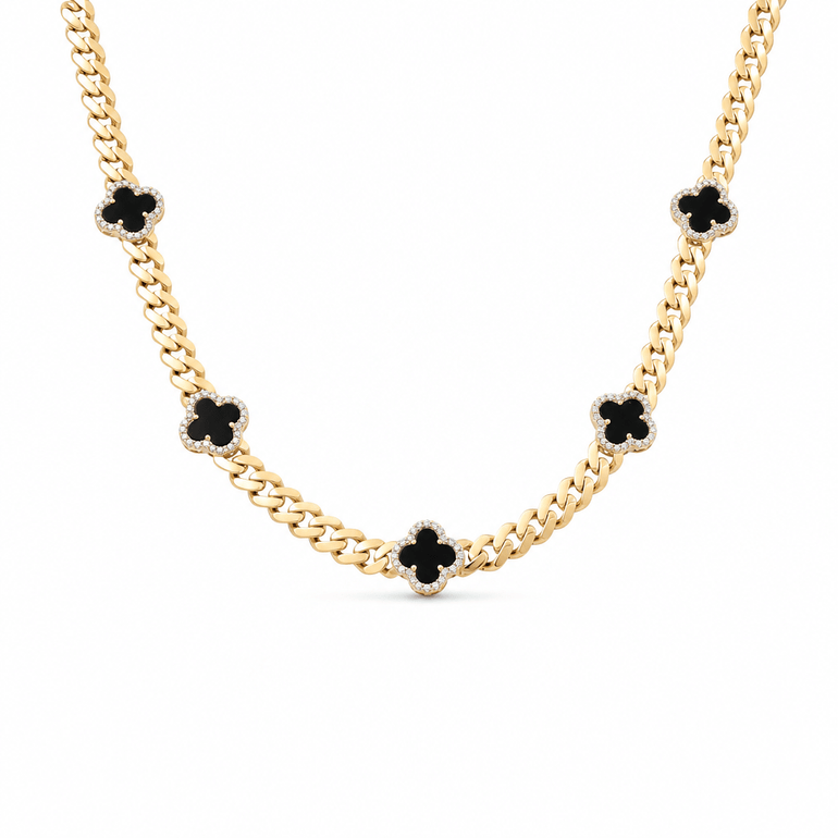10k Yellow Gold Monaco with Black Clover Necklaces 16" - Miral Jewelry