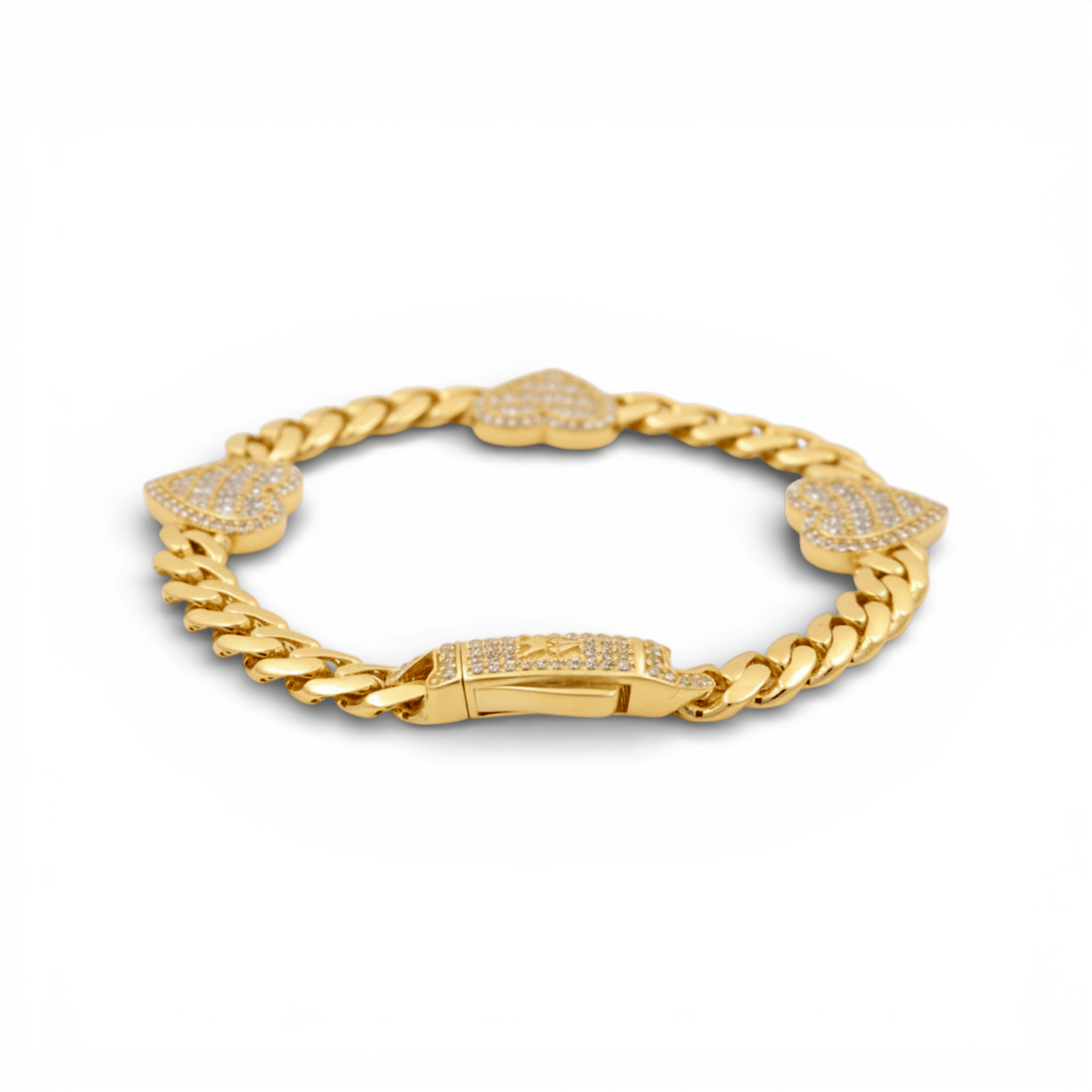 10K Yellow Gold Cuban Bracelet with Pavé CZ Hearts 7in, 13 g – view 2