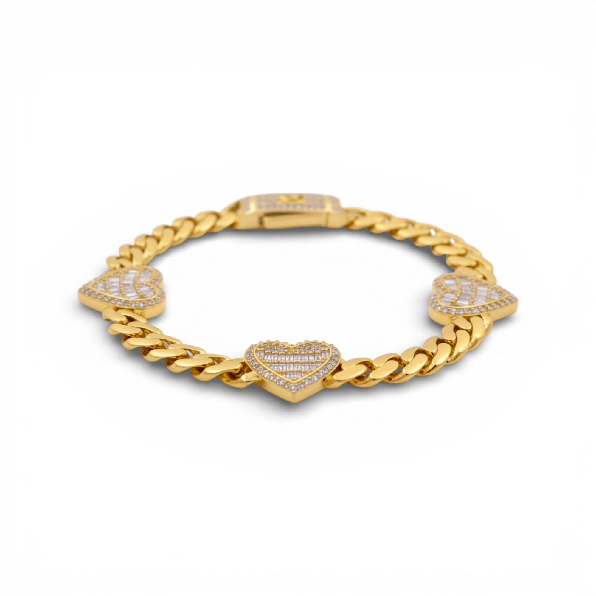10K Yellow Gold Cuban Bracelet with Pavé CZ Hearts 7in, 13 g