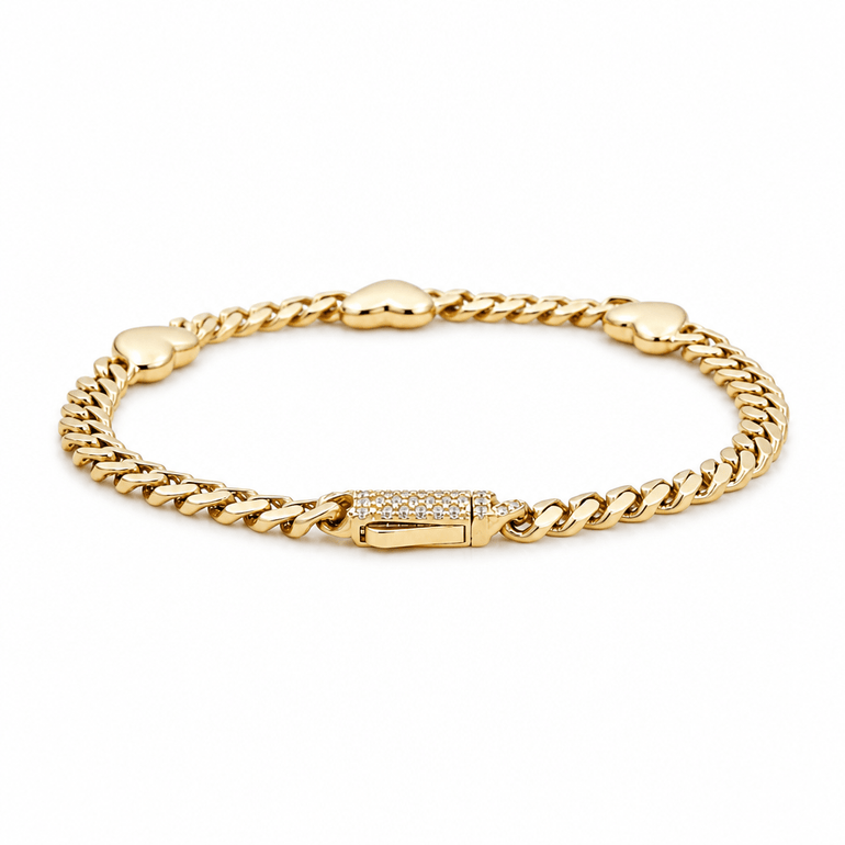 10K Yellow Gold Monaco with Hearts Bracelet Women's - Miral Jewelry