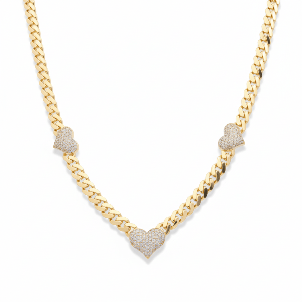 10K Yellow Gold Cuban Necklace with Pavé CZ Hearts 18.5in, 24.1 g