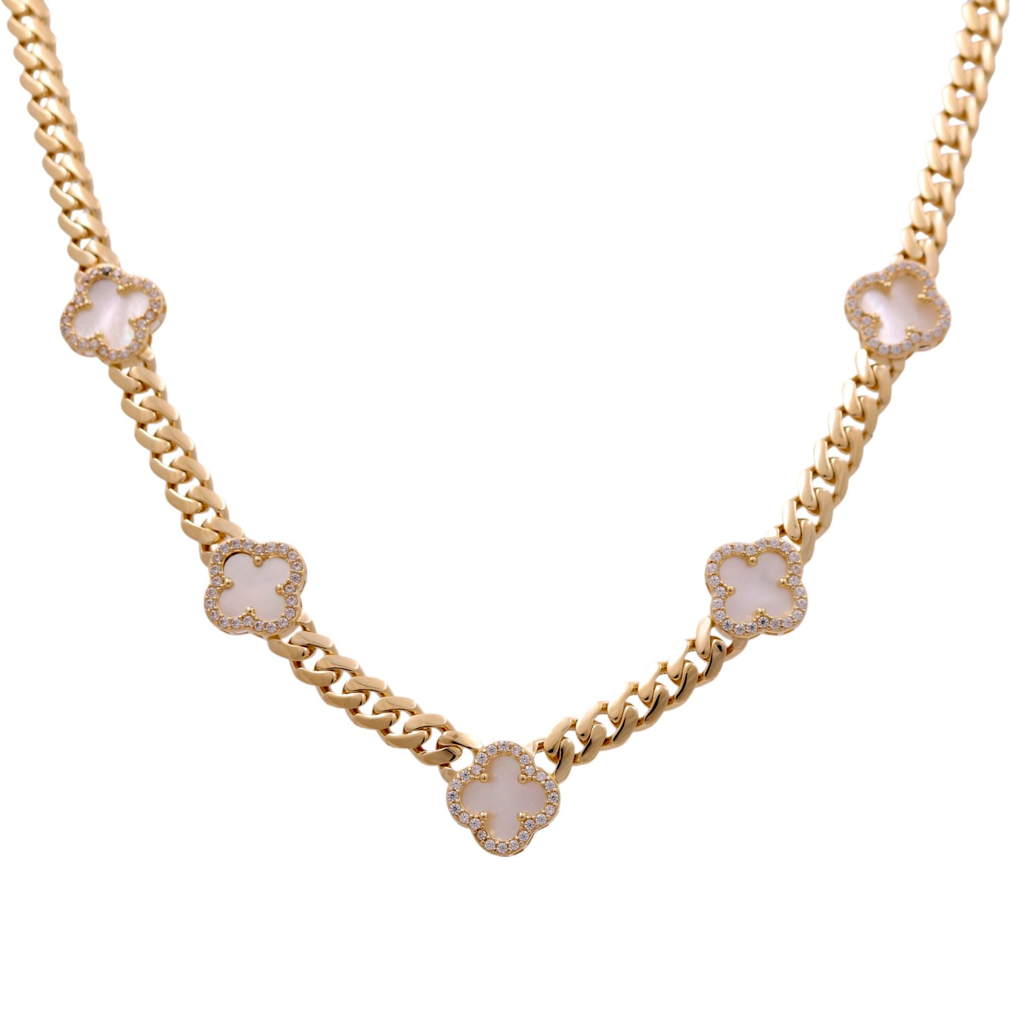 10K Yellow Gold Cuban Necklace with Mother-of-Pearl Clovers & Pavé Edges 18.5in, 21.5 g
