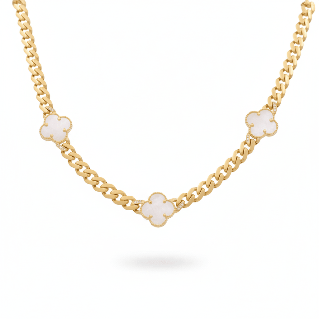 10K Yellow Gold Cuban Necklace with Mother-of-Pearl Clovers 17.5in, 22 g