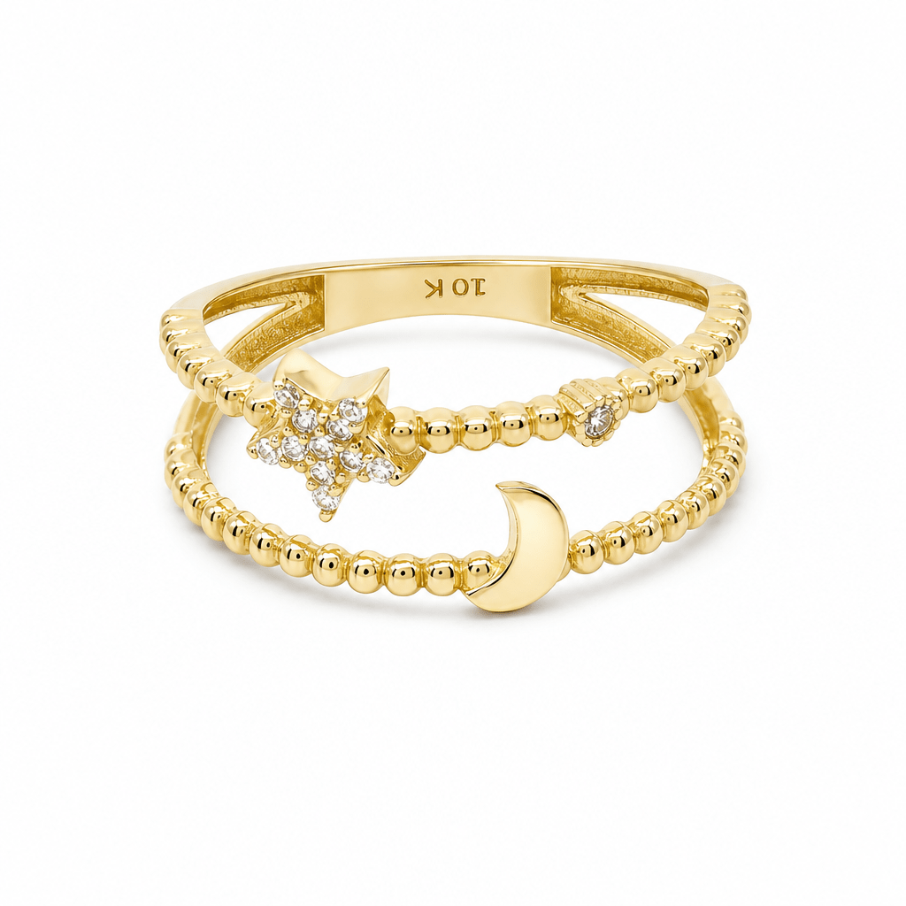 10K Yellow Gold Moon And Star Fashion Women's Ring - Miral Jewelry