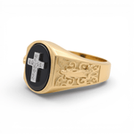 10k Yellow Gold Onyx with Cross Fashion Men's Ring - Miral Jewelry