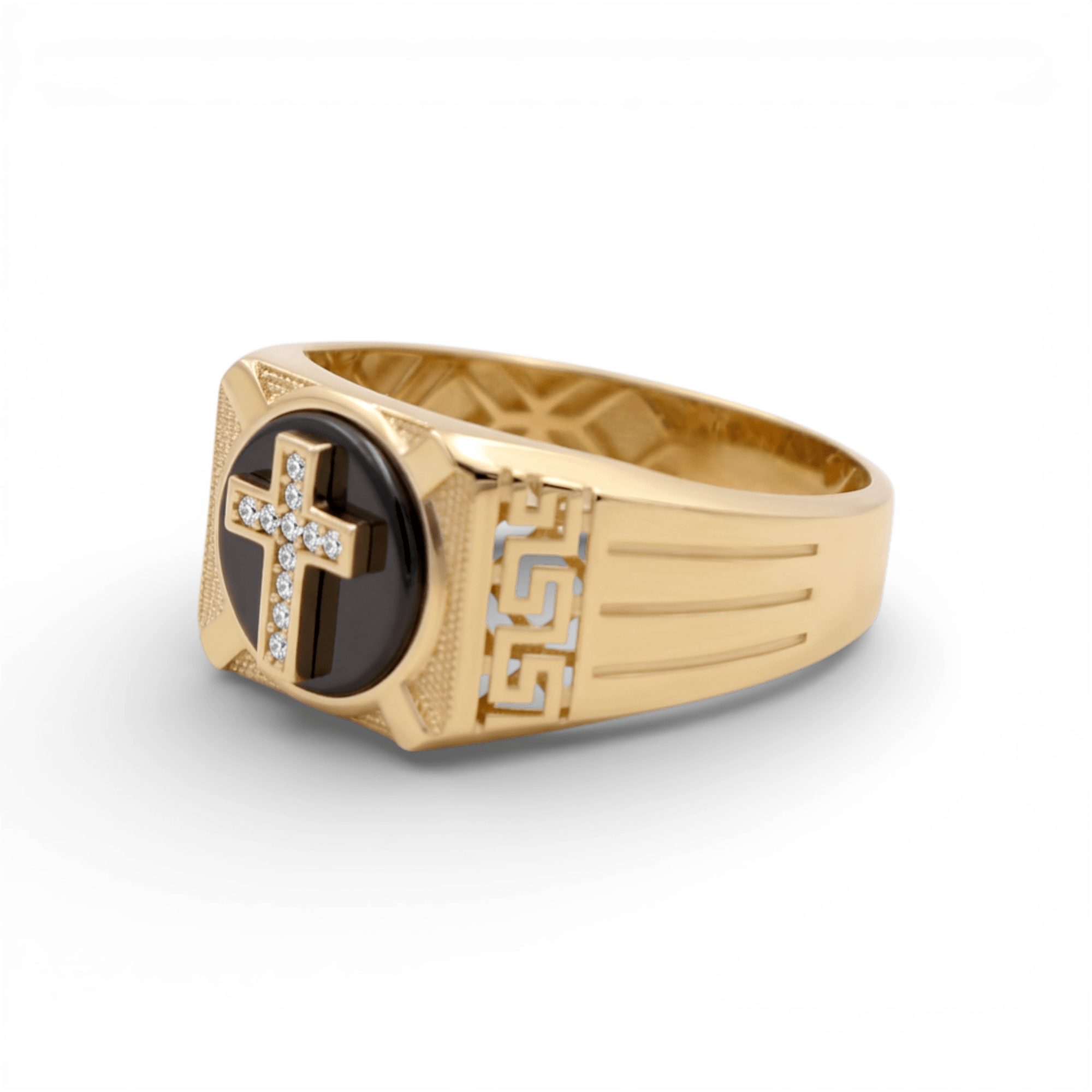 10k Yellow Gold Onyx with Cross Fashion Men's Ring - Miral Jewelry