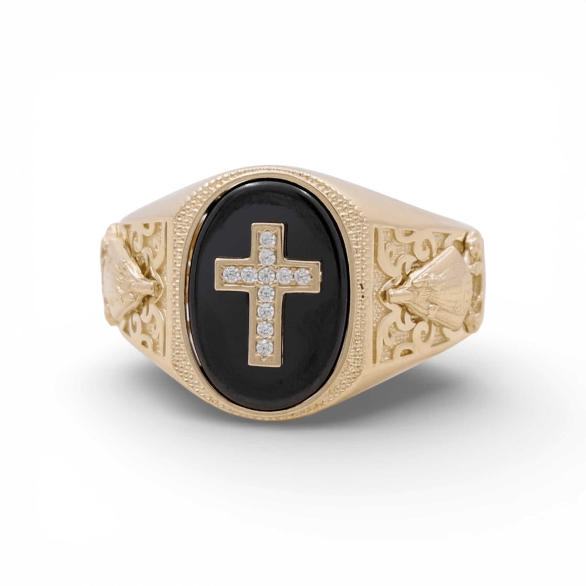 10k Yellow Gold Onyx with Cross Fashion Men's Ring - Miral Jewelry