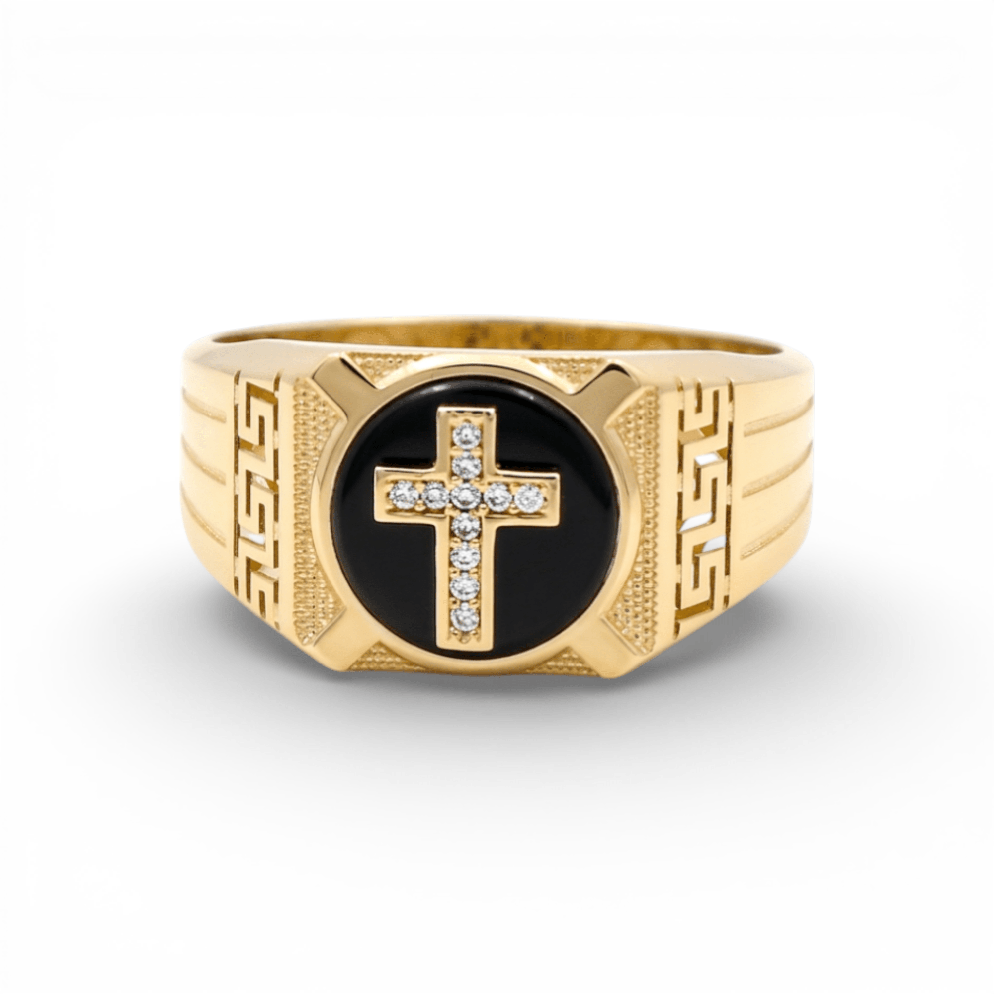 10k Yellow Gold Onyx with Cross Fashion Men's Ring - Miral Jewelry