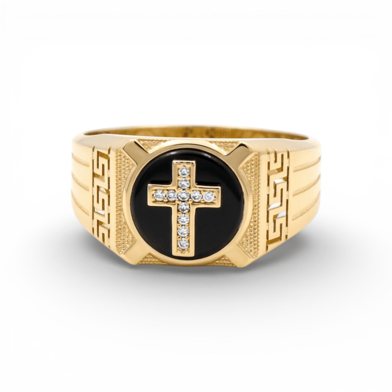10k Yellow Gold Onyx with Cross Fashion Men's Ring - Miral Jewelry