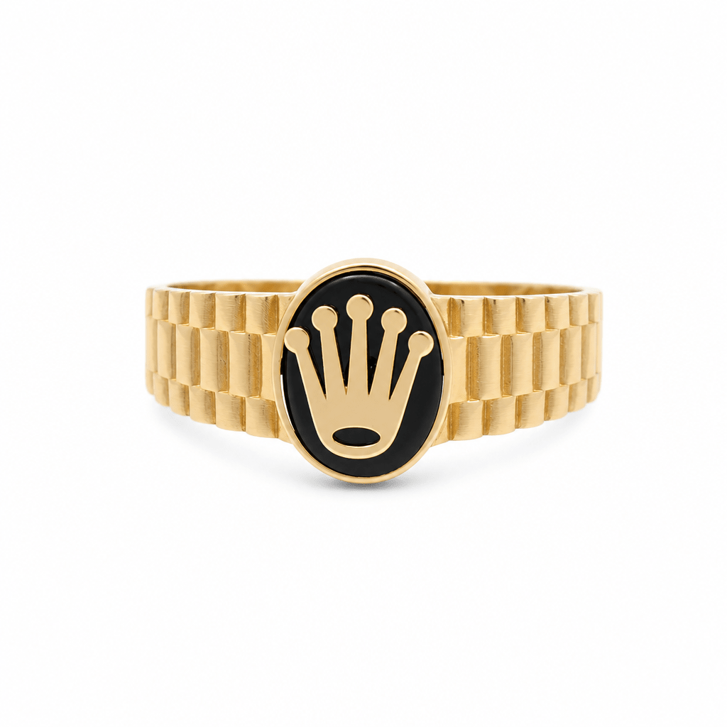10k Yellow Gold Oval Onix with Crown Fashion Men's Ring - Miral Jewelry
