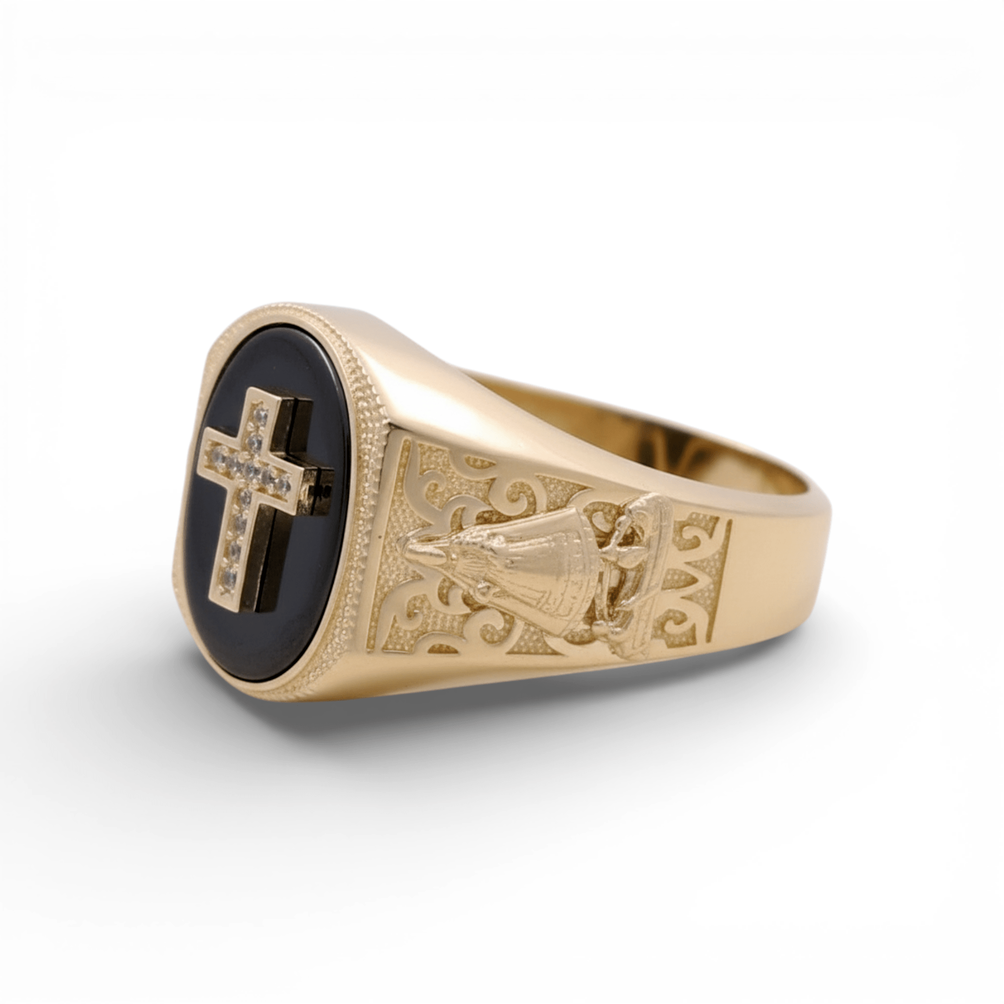 10k Yellow Gold Oval Onyx with Cross Fashion Men's Ring - Miral Jewelry