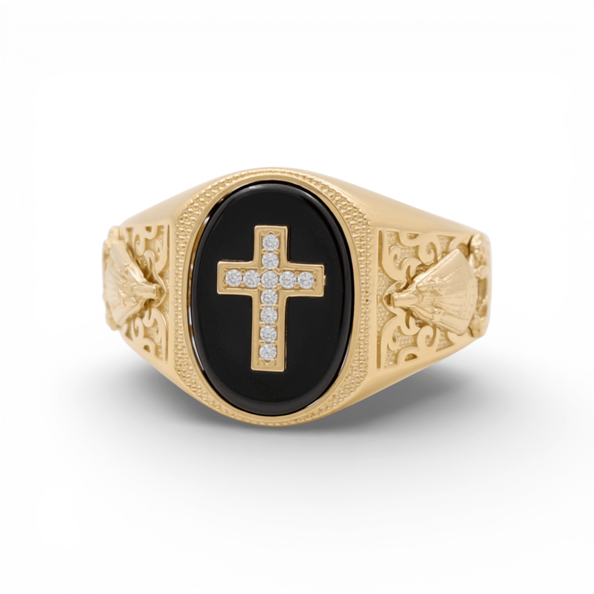 10K Yellow Gold Men's Oval Onyx Ring with CZ Cross 7.1 g