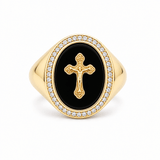 10K Yellow Gold Men's Onyx Cross Signet Ring