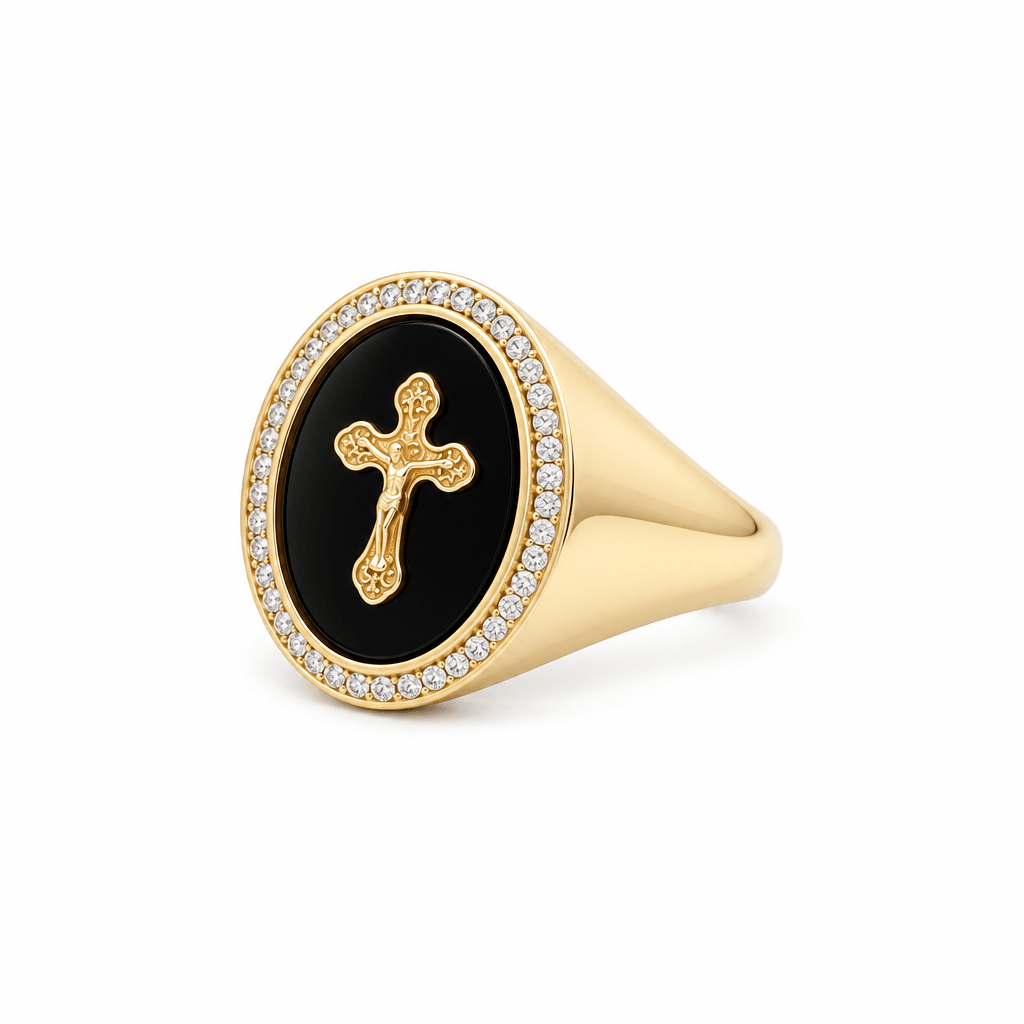 10k Yellow Gold Oval Onyx With Onyx Ring Men's - Miral Jewelry