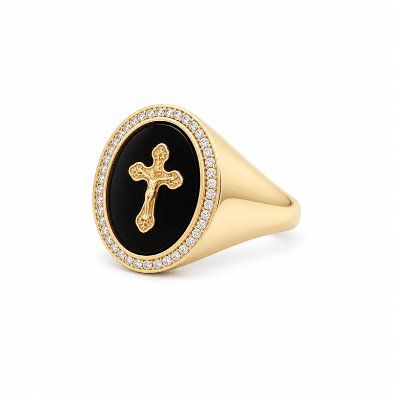 10K Yellow Gold Men's Onyx Cross Signet Ring – view 2
