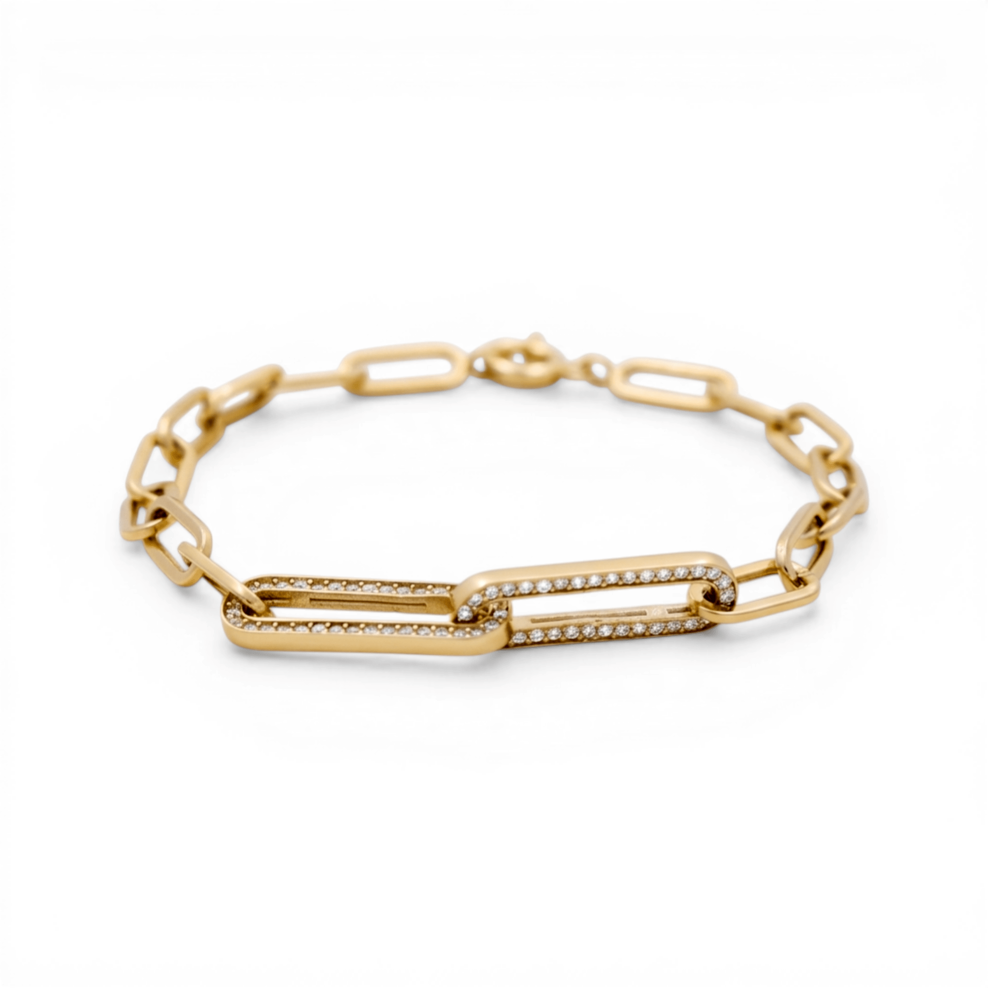10K Yellow Gold Paper Clips with Cz Bracelet Women's - Miral Jewelry