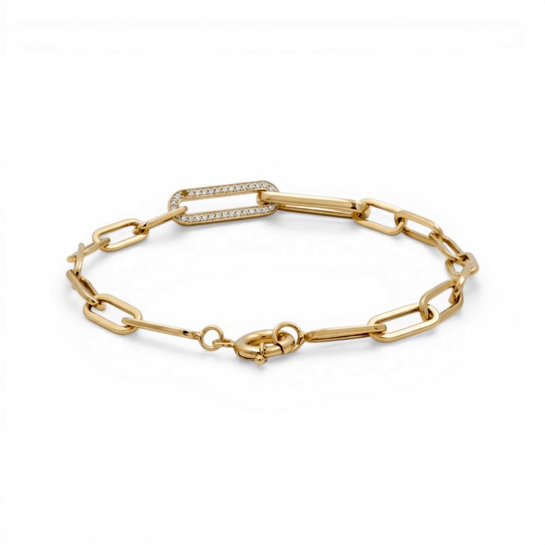 10K Yellow Gold Paper Clips with Cz Bracelet Women's - Miral Jewelry