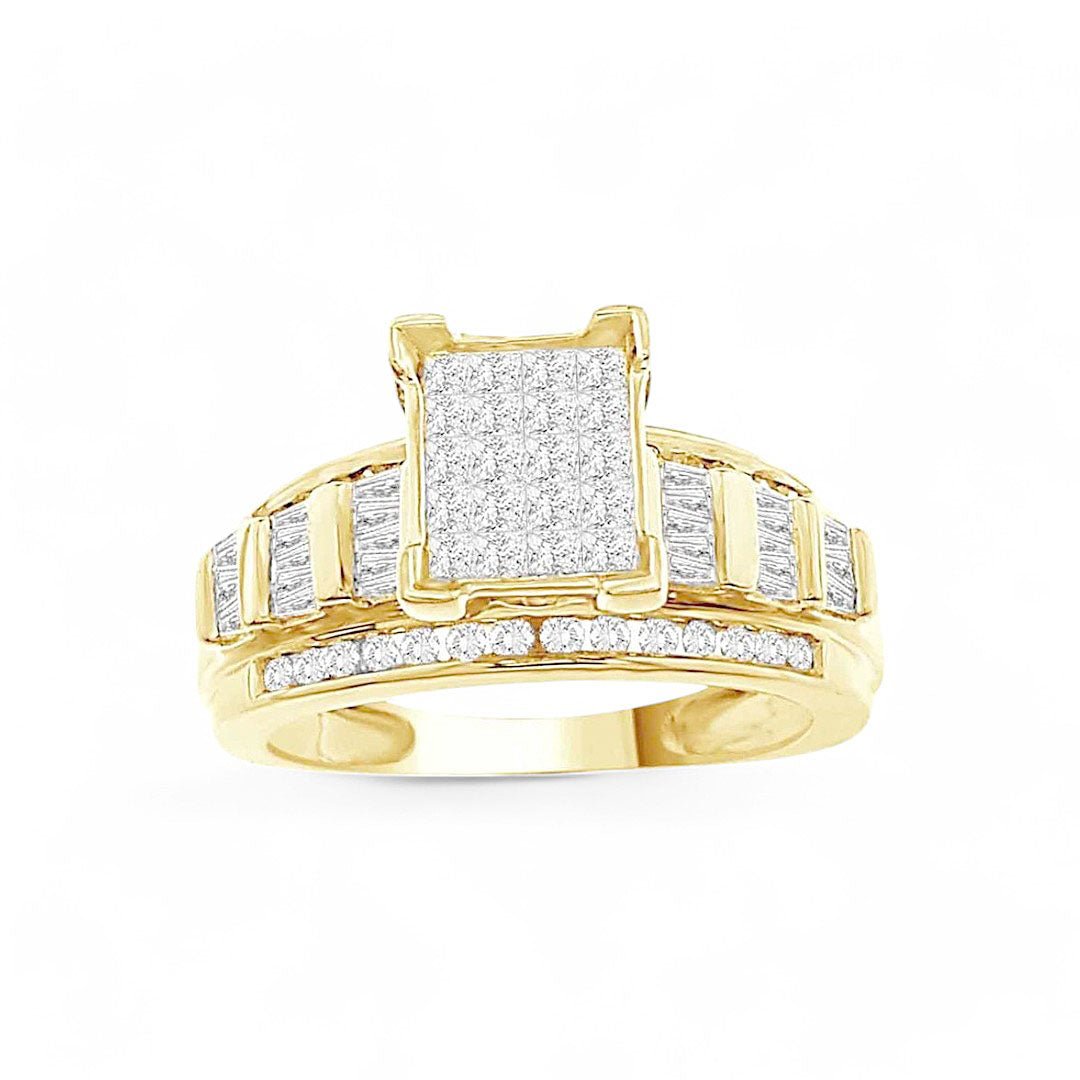 10K Yellow Gold Princess Diamond Engagement Ring with 1.00Tw Baguette and Round Diamonds - Miral Jewelry