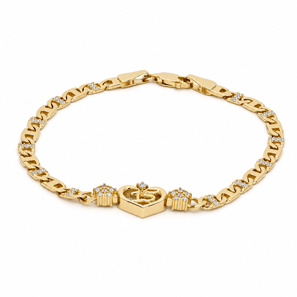 10K Yellow Gold Quinceañera "15" Heart Bracelet – Mariner Link with CZ Flowers - Miral Jewelry