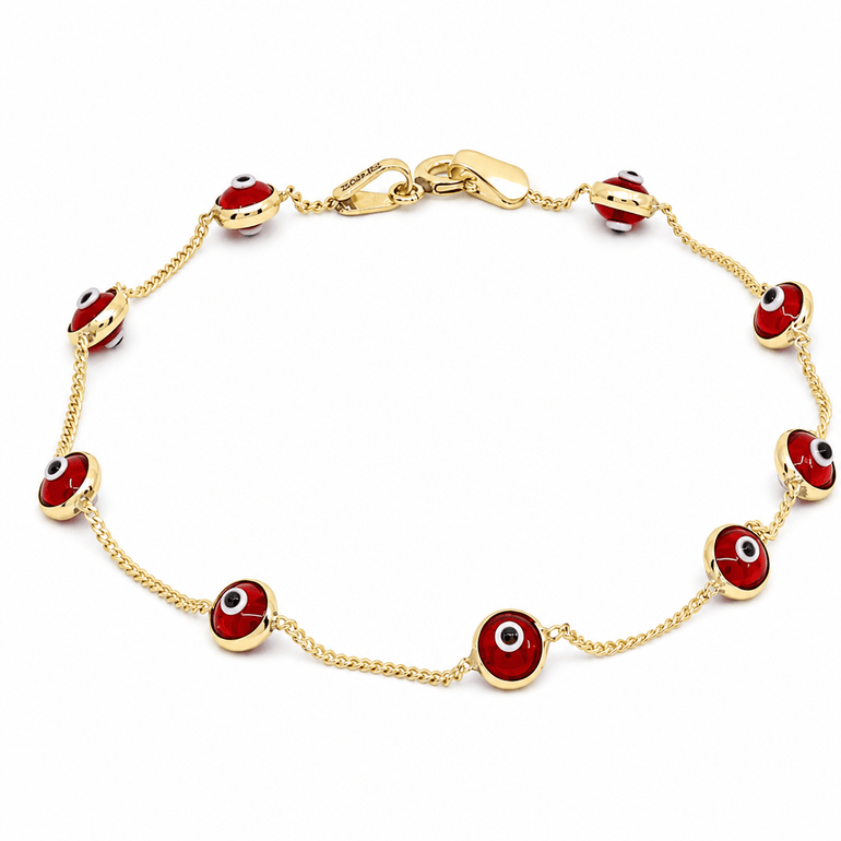 10K Yellow Gold Red Evil Eye Station Bracelet – 7.5" - Miral Jewelry