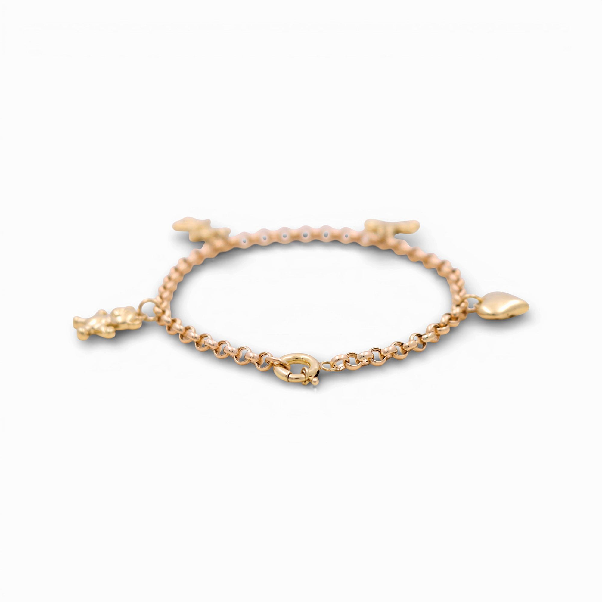 10K Yellow Gold Rolo Charm Bracelet with Heart, Lotus & Bow 7.5in, 4.8 g – view 2