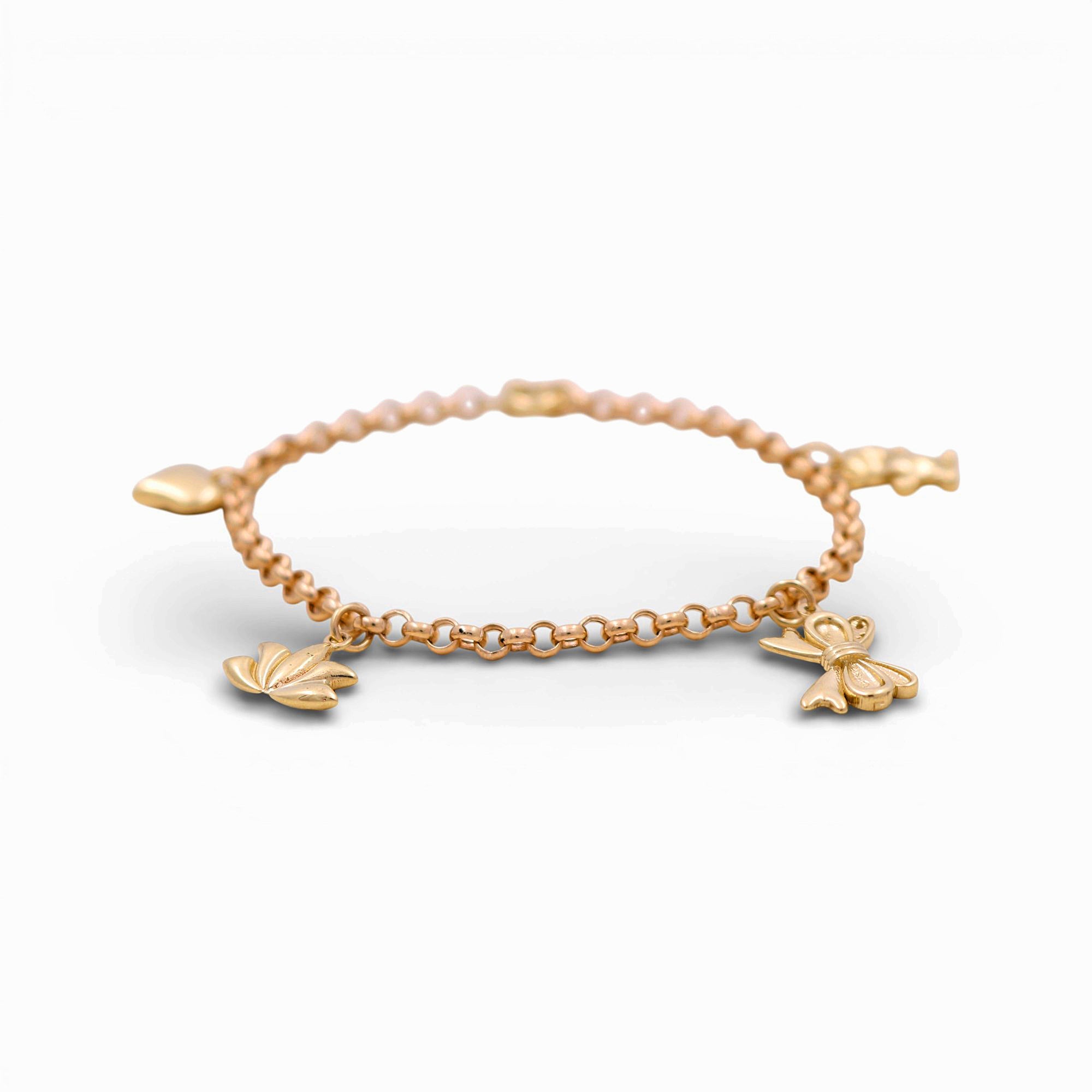 10K Yellow Gold Rolo Charm Bracelet with Heart, Lotus & Bow 7.5in, 4.8 g