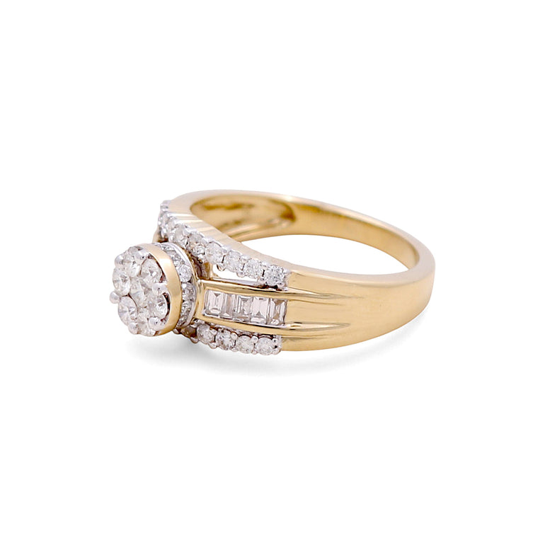 10K Yellow Gold Round Diamond Engagement Ring with 1.00Tw Baguette and Round Diamond - Miral Jewelry