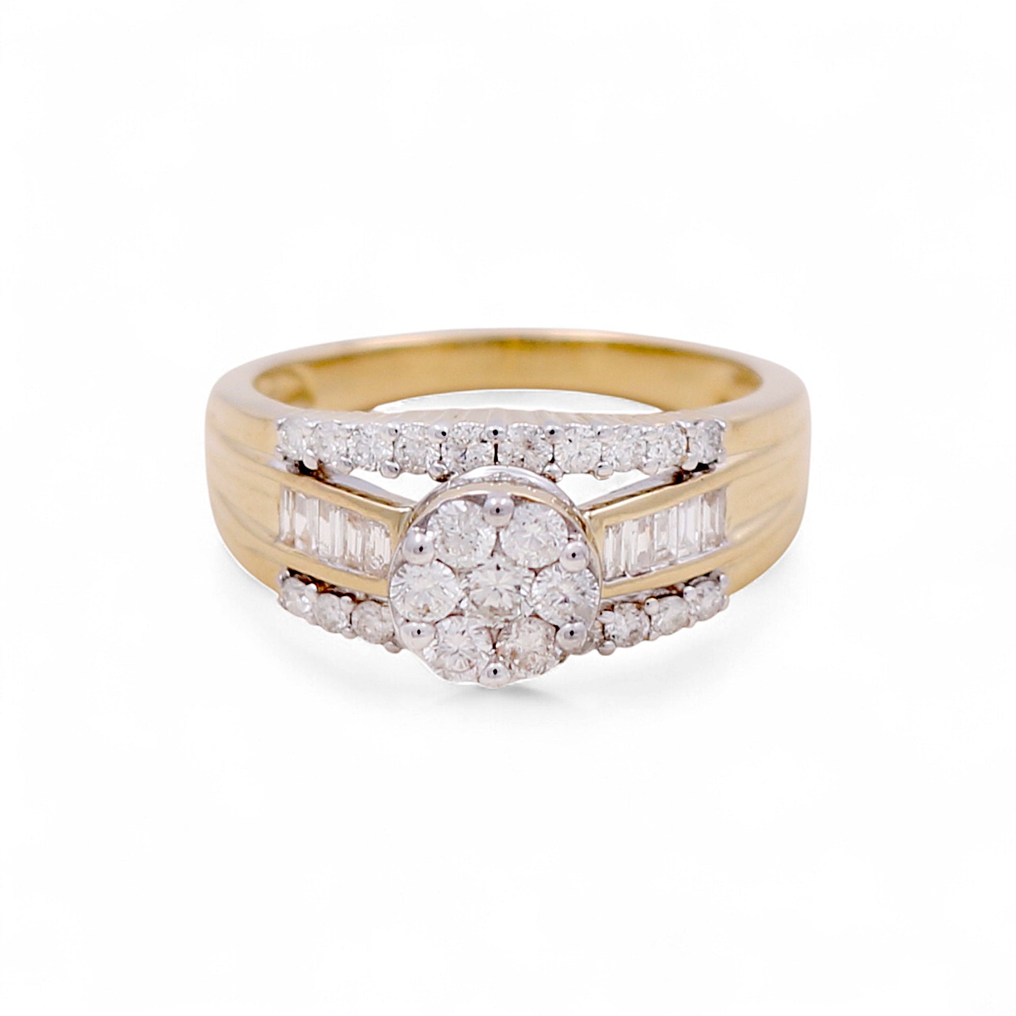 10K Yellow Gold Round Diamond Engagement Ring with 1.00Tw Baguette and Round Diamond - Miral Jewelry
