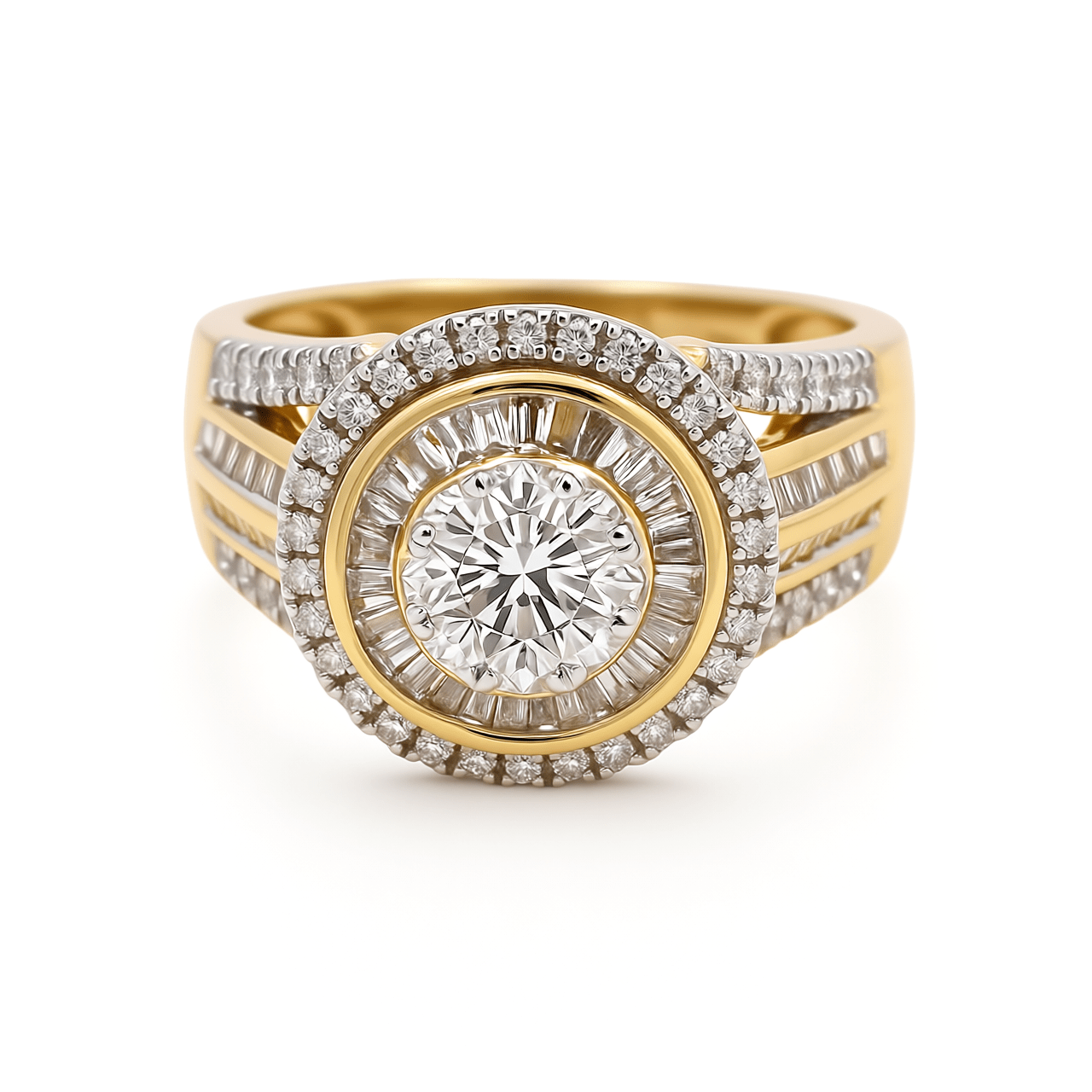 10K Yellow Gold Round Diamond Engagement Ring with 1.00Tw Baguette and Round Diamonds - Miral Jewelry