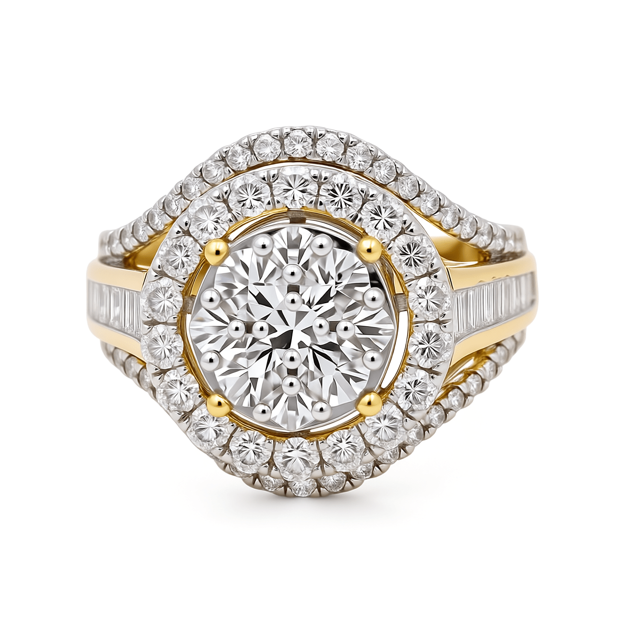 10K Yellow Gold Round Double Halo Diamond Engagement Ring 2.00 ct tw