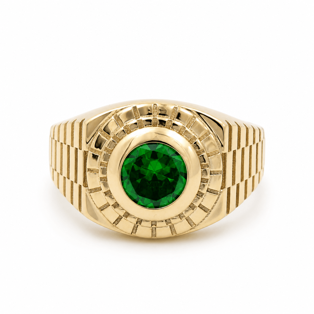 10k Yellow Gold Round Green Stone Fashion Men's Ring - Miral Jewelry