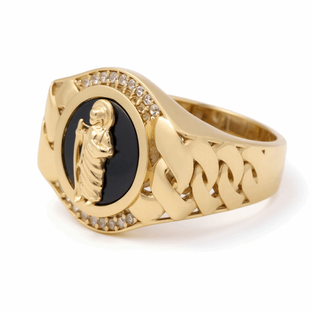 10k Yellow Gold San Judas with Onix Men's Fashion Ring - Miral Jewelry